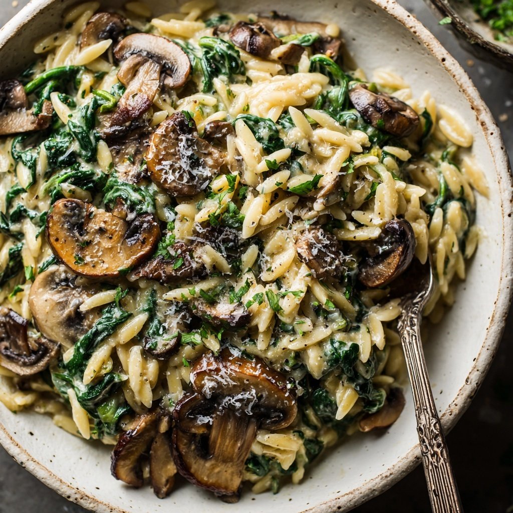 Romantic Creamy Spinach Mushroom Orzo